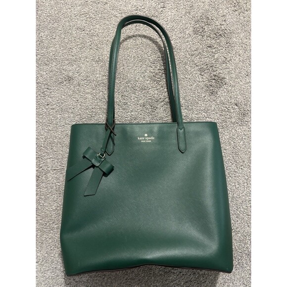Kate Spade Brynn Tote Large Shoulder Bag Jade Green Saffiano Bow Charm Zip Top - Picture 1 of 12
